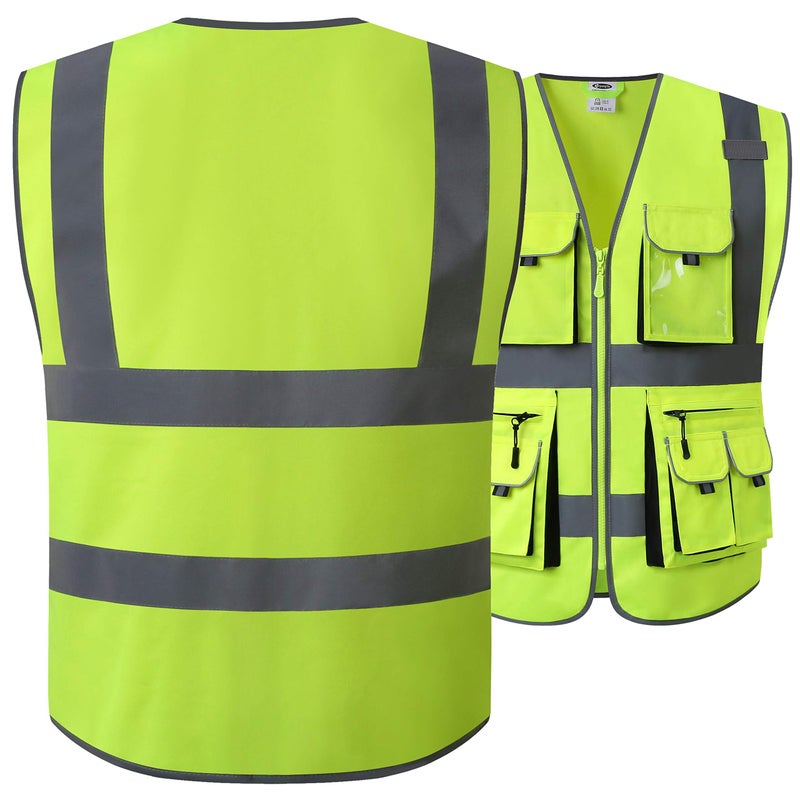 JKSafety 10 Pocket Class 2 High Visibility Zipper Front Yellow Safety Vest with High Reflective Strips - Meets ANSI/ISEA Standards (88-Yellow, Large) - Image 5